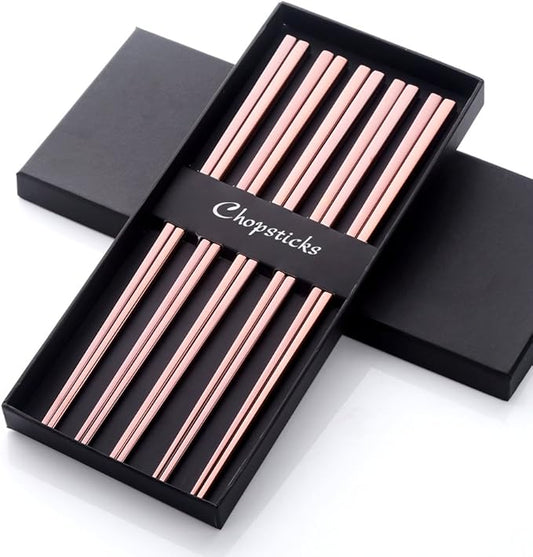 Buyer Star 5-Pair Stainless Steel Chopsticks - Reusable Rose Gold Chinese Square Chopsticks