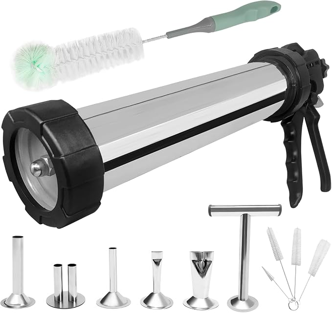 2 LB Stainless Steel Sausage Stuffer Kits,Beef Jerky Gun,Jerky Gun,Sausage Gun,Meat Gun for Ground Meat with 5 Nozzles,5 Cleaning Brushes and 1 Meat Pusher