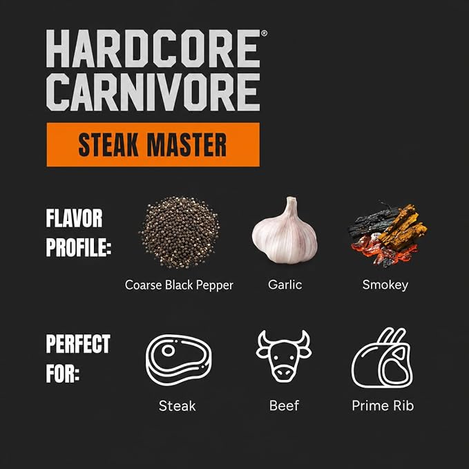 Hardcore Carnivore Steak Master Steak Seasoning, 12oz | Bold Steakhouse Flavor - Black Pepper, Garlic, Smoked Paprika & Worcestershire, Perfect on Steak, Beef, Prime Rib & BBQ