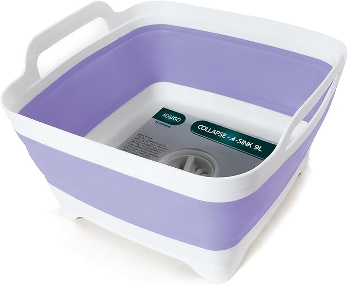 FOSJGO Collapsible Dish Basin with Drain Plug, Foldable Sink, 2.4 Gal (9L) | Space-Saving Wash Basin for Kitchen, Baby Bottles, Vegetable Washing, Camping, RV and Party Beverage Tubs