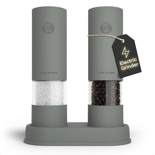 LARS NYSØM Electric Salt and Pepper Grinder Set I Automatic Salt and Pepper Mills with Adjustable Ceramic Grinder I AAA-Battery Operated Electric Spice Mill Set (Ash Gray)