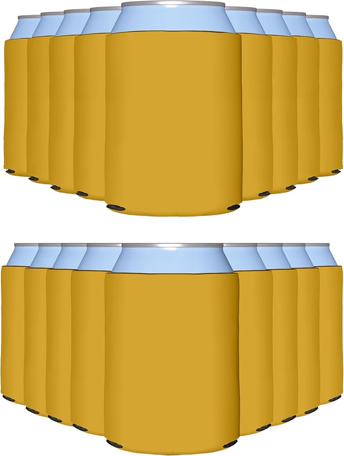 PartyPrints 100 Pack Gold Blank Can Cooler Sleeves, Customizable Bulk Insulated Foam for Beer, Collapsible Plain Drink Holder, Cold Soda Insulator, 12oz Regular, 16oz Tall Cans