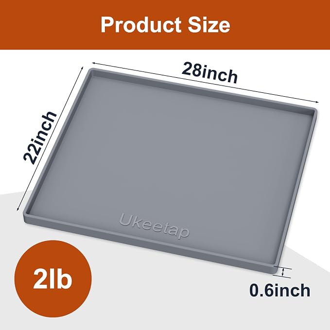 ukeetap 28" x 22" Extra Thick Silicone Mat Waterproof with Raised Edge, Under Sink Mat for Kitchen & Bathroom, Kitchen Cabinet Liner, Multi-Purpose for Storage & Protection, Gray