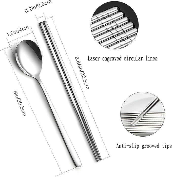 Chopsticks and Spoon Set, 3 Pairs Stainless Steel Metal Chopsticks Spoons, 3 Sets Korean Long Handle Spoons and Chop Sticks Reusable for Home, Kitchen or Restaurant