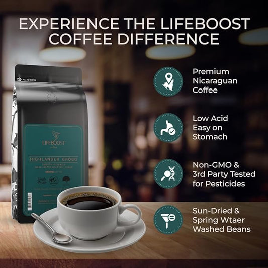 Lifeboost Highlander Grogg Coffee Ground - Low Acid Single Origin Flavored Coffee - Non-GMO Highlander Grogg Ground Coffee Third Party Tested For Mycotoxins & Pesticides - 12 Ounces