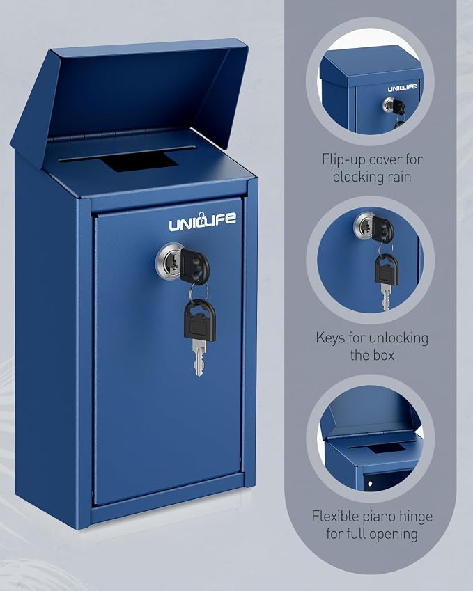 Uniclife Blue Metal Donation Box, Wall Mounted Mailbox for Outside | Safe Suggestion Box with Key Lock, Steel Key Drop Box for Outside, Cash Box for Home Office and Business