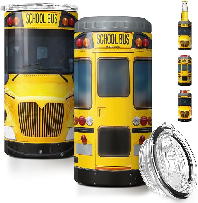 SANDJEST School Bus Driver Tumbler - 4-in-1 Design Tumbler Cup Can Cooler - 12oz Stainless Steel Insulated Cans Coozie Travel Mug Birthday, Christmas, Appreciation, Teacher's Day Gifts for Teachers