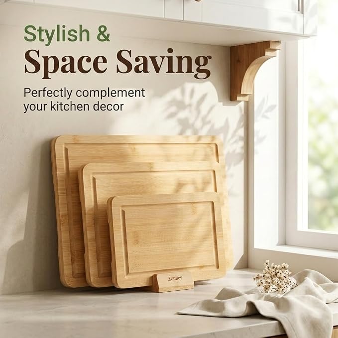 Bamboo Cutting Board Set of 3 with Stand | Natural Sustainable Wood Chopping Boards for Kitchen | Mess-Free Juice Grooves & Comfortable Side Handles | Gentle on Knife Blades, Durable