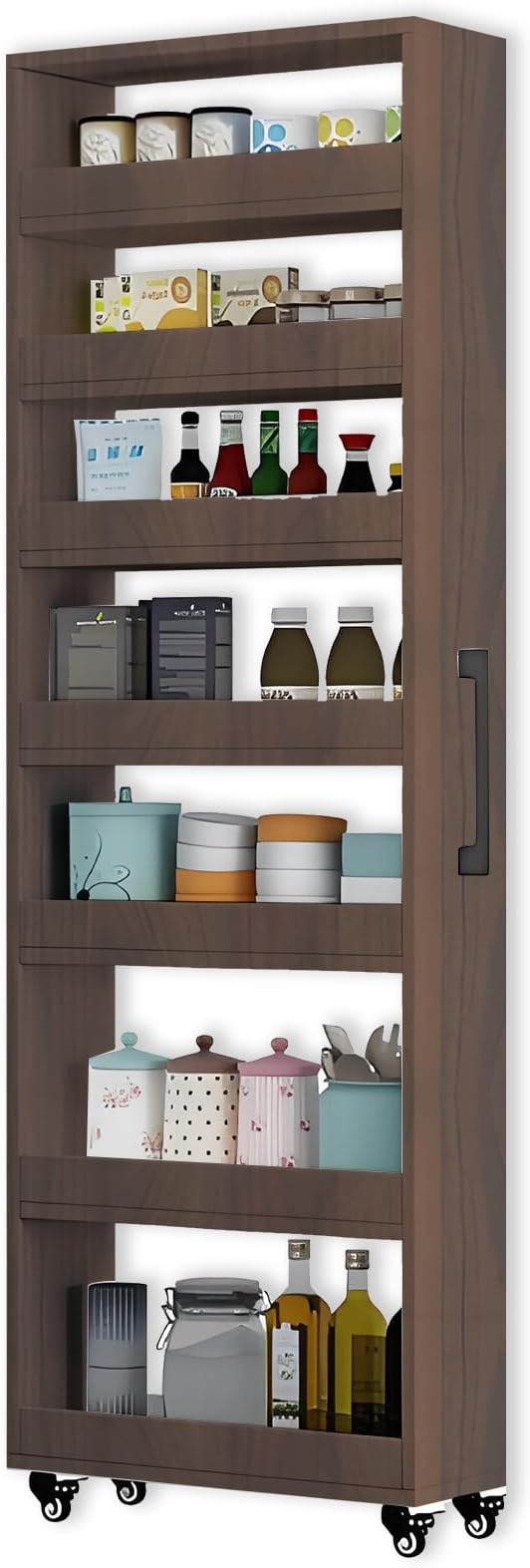 7-Tier Slim Storage Cart, Wooden Rolling Pantry Cabinet with Wheels, Narrow Shelf Organizer for Kitchen, Bakers Rack, Dining Room, Closet, Small Spaces Teak 47.2" H*9.8" W*16.9" D