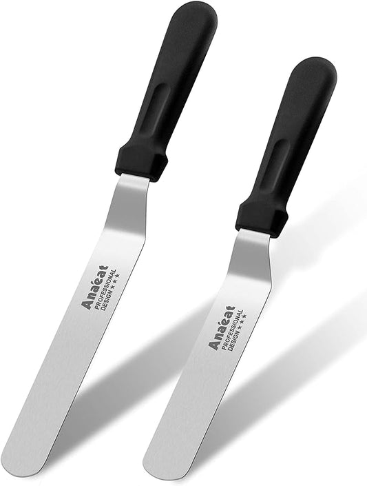 Anaeat Icing Spatulas, Set of 2 Professional Cake Angled Offset Spatula with 6", 8" Stainless Steel Blades - Thickened Frosting Knife with Durable Plastic Handle for Cake Decorating Pastry & Baking