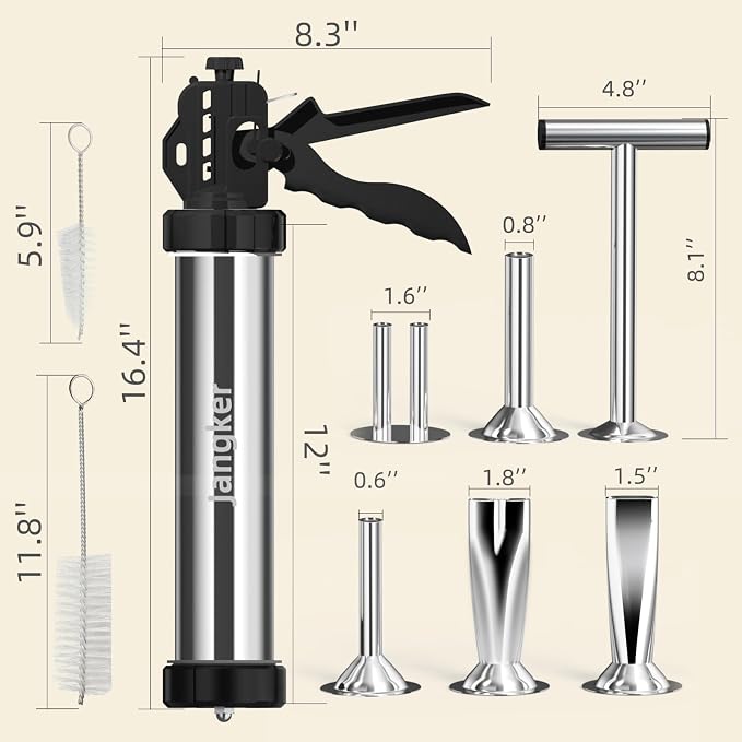 Beef Jerky Gun Kit, 2lb Stainless Steel Meat Gun, Beef Jerky Maker | 2-Pound capacity meat gun, 5 different nozzles, For homemade beef jerky and sausages, Easy to clean and maintain