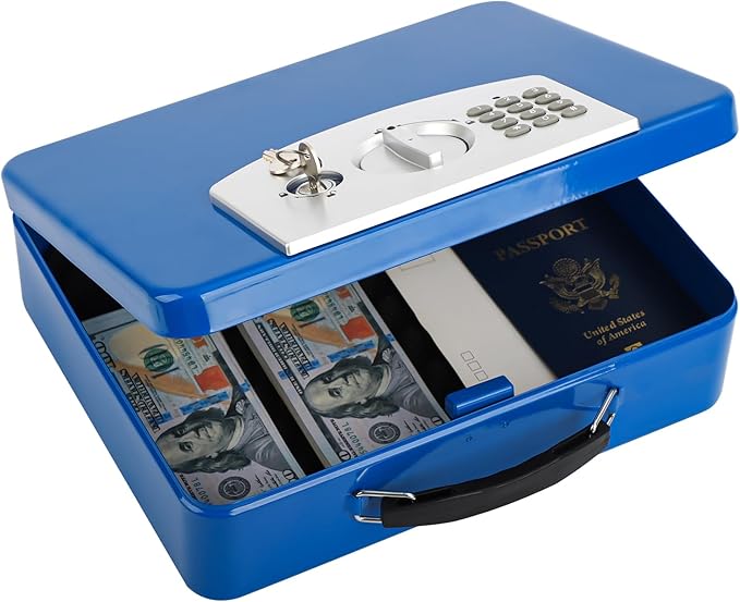 KYODOLED Blue Safe Box with Digital Keypad Lock, Lock Box with Code for Personal Items, Metal Security Box for Cash, Passport, Jewelry, Ideal for Home, Office, Garage Sale, 11.8'' x 9.4'' x 3.5''