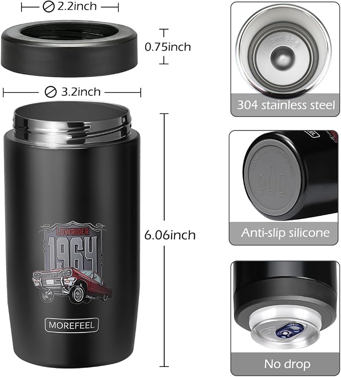 Morefeel 4-in-1 Insulated Can Cooler for 12 oz Cans & Bottles | 304 Stainless Steel Can Holder Fits 12 Oz Slim Cans, Standard Cans, Beer Bottles & Works as A Open Cup; Dishwasher Safe