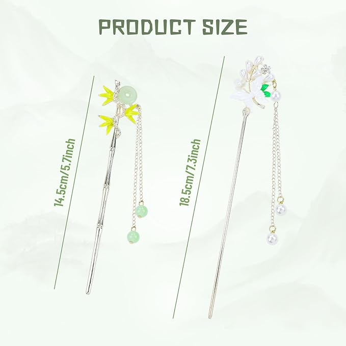 inSowni 8 Pieces Retro Asian Chinese Traditional Hanfu Gold Metal Artificial Jade Bamboo Flower Butterfly Hair Pins with Pearl Bead Pendants Long Hair Sticks Forks Bun Updo Hairpins for Women Girls