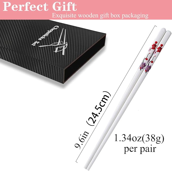 Ceramic Chopsticks Reusable,Porcelain Chop Sticks,Red Plum Blossom 9.7'' | 5 Pairs,Easy to Clean,Dishwasher Safe,Heat Resistant,with a Gift case,Cooking Chopsticks,High-grade Bone China Porcelain