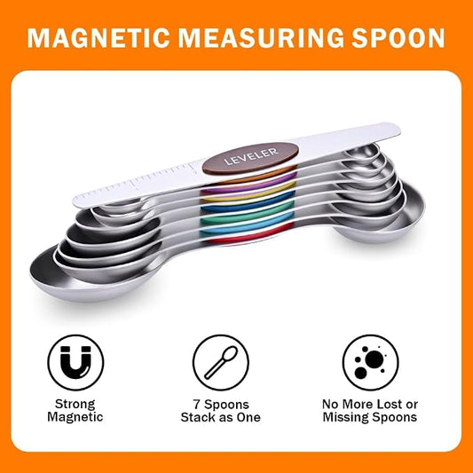 XSNBRD 13-Piece Magnetic Measuring Cups & Spoons Set | Stainless steel with silicone handles. Magnetic nesting for compact storage. Ideal for baking and cooking. Multicolor set.