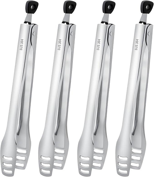 4 Pcs Stainless Steel Tongs for Cooking, Kitchen Food Serving, Buffet Party, 10.6 in/27 cm Locking Utensils with Hollow Head, Food-safe Material