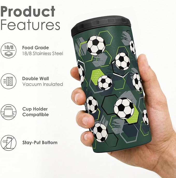 Soccer Can Cooler 12oz - Stainless Steel Insulated for Men Brother Buddy Players - Travel Mug Cups - Tumbler Cans Koozie, Sport Gift for Birthday, Christmas