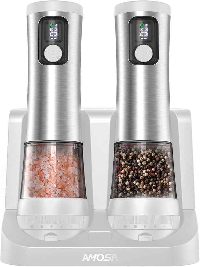 Electric Salt and Pepper Grinder Set, Upgraded 2-Speed Setting, External 5 Adjustable Coarseness, Battery Display Rechargeable Base, Stainless Steel Automatic Salt & Pepper Shaker Mill with LED, White