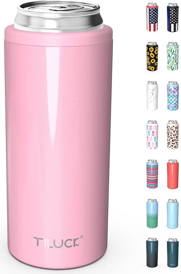 TILUCK Skinny Can Cooler, Stainless Steel Insulated Slim Cans, 12 oz | Beer & Hard Seltzer, Doucle-Walled Stainless Steel Insulated Slim Cans, Slim 12 oz(Glitter Blush)