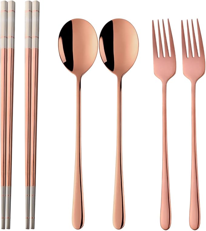 Buyer Star Stainless Steel Korean Chopsticks Spoons and Fork Set, 2 Pack Reusable Forks and Spoons Silverware Korean Utensil Set, Portable Utensils Dinnerware for Home (Rose Gold)