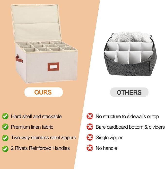 Stemware Storage Cases 2 Pack, Wine Glass Storage Box with Dividers for 24 Glassware or Crystal, Moving Supplies, China Storage Containers, Hard Top, Sides and Stackable (Beige)