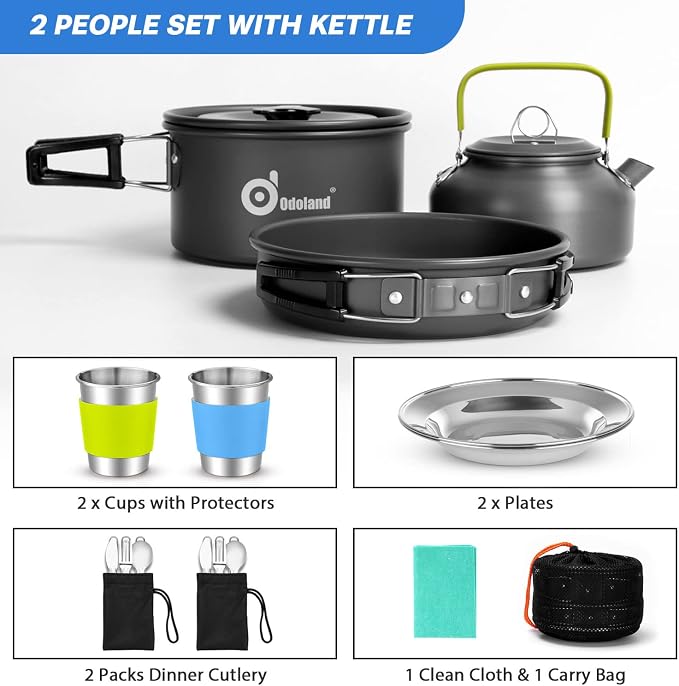Odoland 15pcs Camping Cookware Mess Kit, 1.9L Pot, for Camping, Backpacking | Anodized aluminum, for hiking, outdoor cooking and picnic, 1.9L pot 0.8L kettle 0.86L pan mess kit, little compact pot set