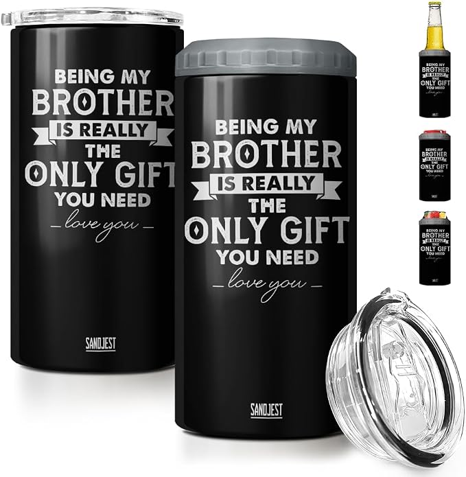 SANDJEST 4-in-1 Design Brother Tumbler & Can Cooler Gift - Being Brother is the Only Gift You Need Cans Coozie - Black Can Holder Christmas Birthday Gifts for Brothers from Sisters, Bros