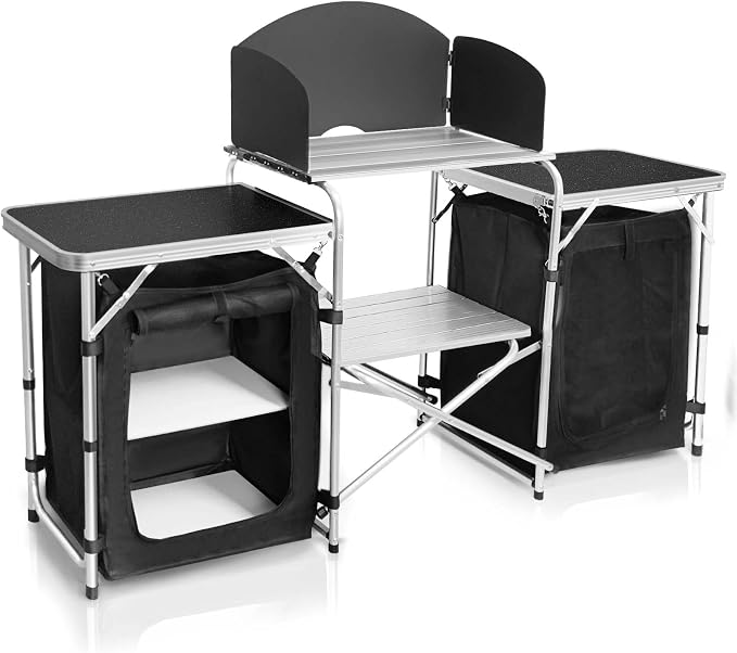 CampLand Folding Camping Kitchen Table with Windscreen,Portable Outdoor Cooking Station with Storage Cabinet & Side Tables Heavy Duty Camp Cook Station for Camping & BBQ (Black2cabinet)