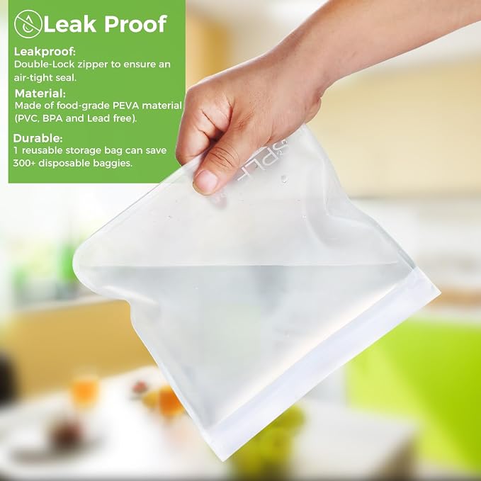 SPLF 10 Pack Dishwasher Safe Reusable Sandwich Bags, White | Reusable Quart Bags Leak-proof Freezer Bags Bpa and Silicone Free for Marinate Meats, Cereal, Sandwich, Travel Items
