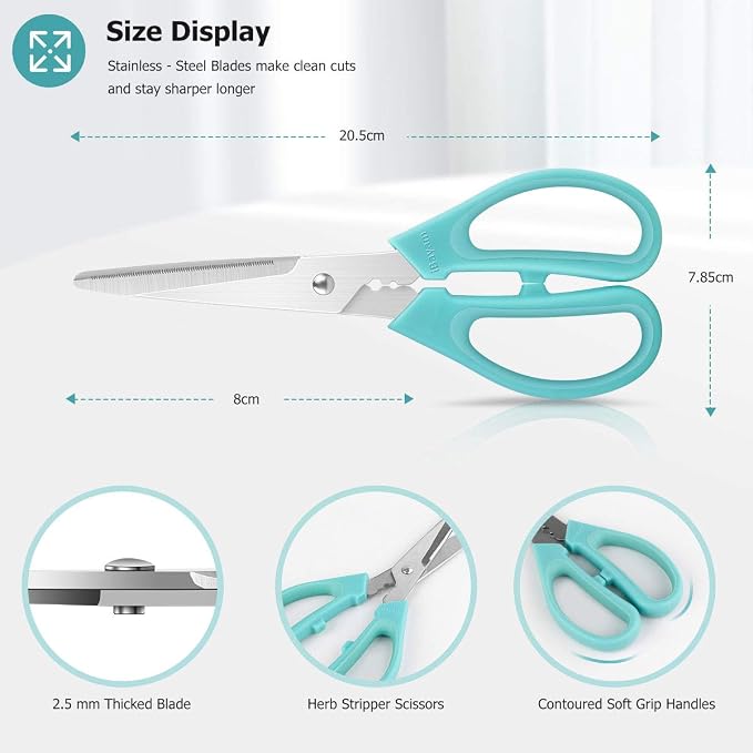 iBayam 3-Color Stainless Steel Dishwasher Safe Kitchen Shears Food Scissors | 8 Inch Utility Cooking Scissors for Women Men with Small Hands for Herbs Chicken Meat Poultry Fish BBQ