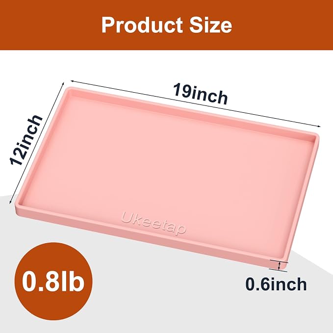 ukeetap 19" x 12" Extra Thick Silicone Mat Waterproof with Raised Edge, BPA Free Non-Slip Dog & Cat Food Mat, Feeding Mat for Food and Water Bowls, Spill Proof Mat to Protect Floors, Pink