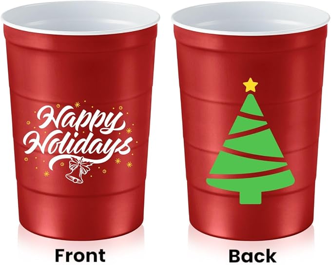 Steel Chill Cups 16 oz. Reusable Party Cups, Happy Holidays, 12 Count | Made in USA from Steel these durable cups chill fast & keep your drink cold for longer, 100% recyclable for sustainablity