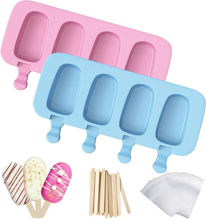 Ozera 2 Pack Silicone Popsicles Molds, Cake Pop Molds, Blue and Pink | Popsicles Molds Maker, with 50 Wooden Sticks and 50 Bags, Reusable, Easy to Release
