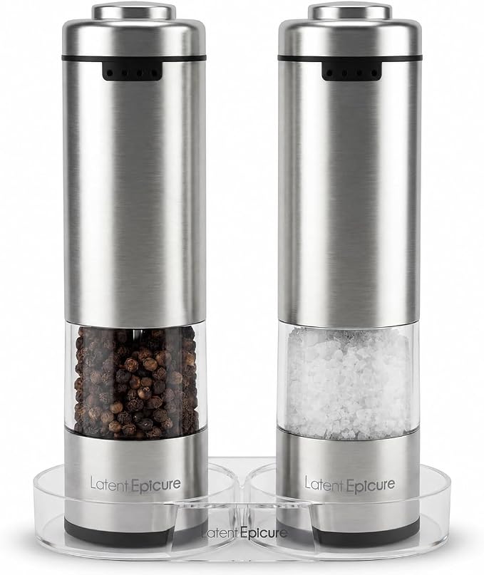 Latent Epicure Electric Salt and Pepper Grinder Set, USB-C Rechargeable Stainless Steel Mills with LED Light, Adjustable Ceramic Grinders with Acrylic Mill Rest Tray