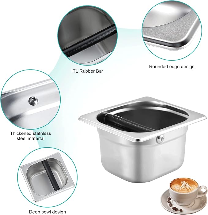 Stainless Steel Espresso Knock Box with Rubber Bar for Storing Underneath Most Espresso Machines