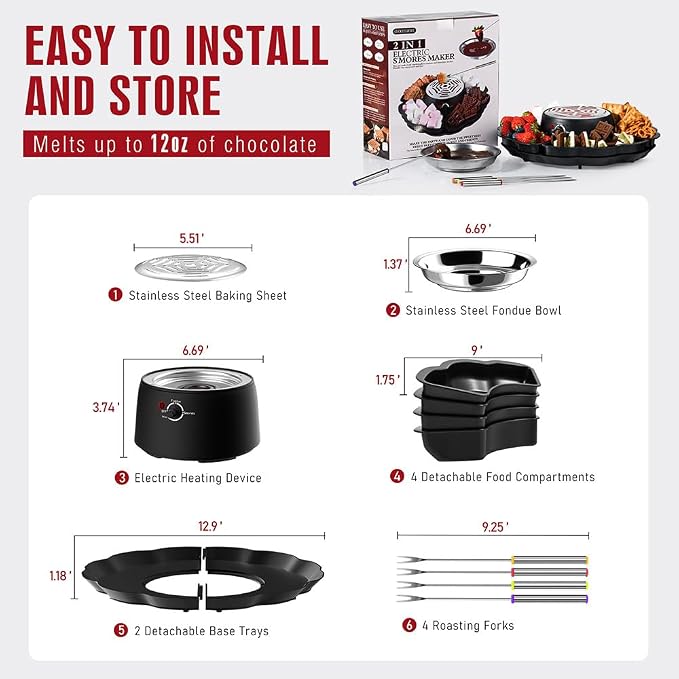 2-in-1 Electric S'mores Maker and Chocolate Fondue Set with 4 Detachable Food Trays, Stainless Steel Melting Pot, 4 Roasting Forks, Black