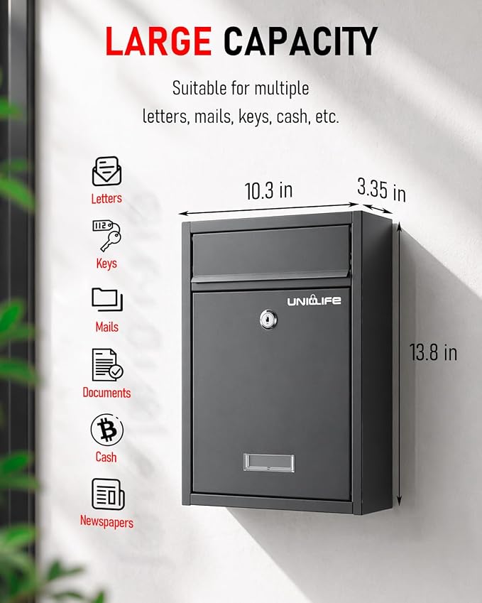 Uniclife Wall Mount Mailbox for Outside, Locking Mail Box, Black | Large Mailbox with Key Lock, Security Mail Box for House, Safe Key Drop Box, Steel Cash Drop Box for Home Office School