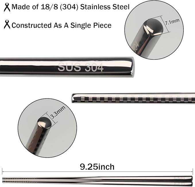 5 Pairs Stainless Steel Chopsticks, 9.25" Metal Set, Non-Slip Tips | 18/8 304 Stainless Steel, 5 Colors, Square Body, Laser-Engraved Tips, Dishwasher Safe, Gift Box