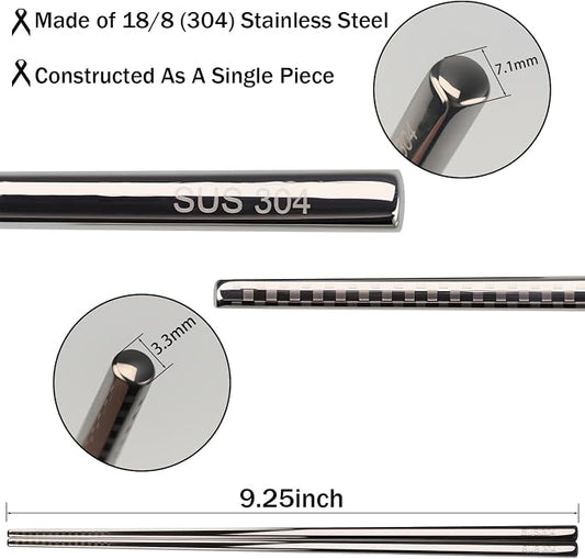 5 Pairs Stainless Steel Chopsticks, 9.25" Metal Set, Non-Slip Tips | 18/8 304 Stainless Steel, 5 Colors, Square Body, Laser-Engraved Tips, Dishwasher Safe, Gift Box