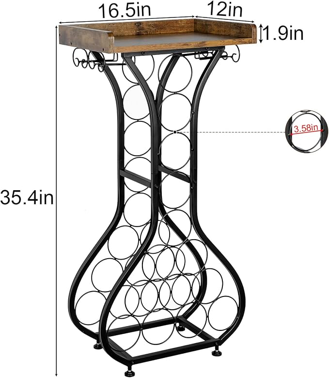 X-cosrack Wine Rack Freestanding Floor, Mini Bar Table Wine Holder Stand Liquor Cabinet with Glass Holder Wood Tabletop 14 Bottles Floor Wine Storage for Home Bar Kitchen Living Room