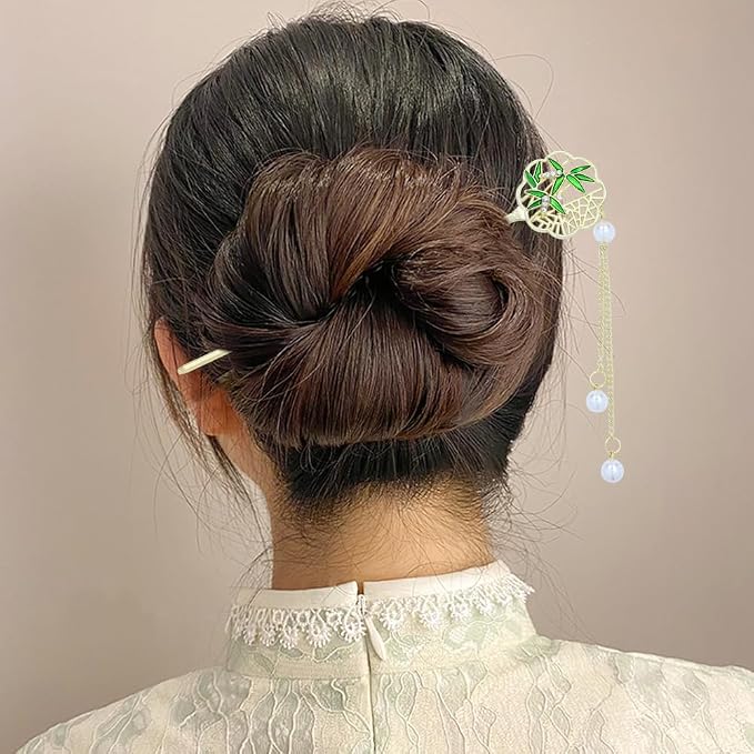 inSowni 8 Pieces Vintage Retro Asian Chinese Hanfu Gold Metal Hair Sticks Pins with Pearl Pendants Bamboo Leaf Flower Fishtail Hair Chopsticks Forks Bun Updo Holders Long Hairpins for Women Girls