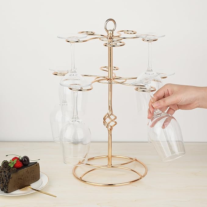 QPIX DIGITAL Wine Glass Rack 2 Tier 10 Holders Wine Glass Holder Stand, Elegant Rose Gold Cocktail Tree Stand Countertop Tabletop Stemware Rack for Home and Bar Storage,Easy Assembly