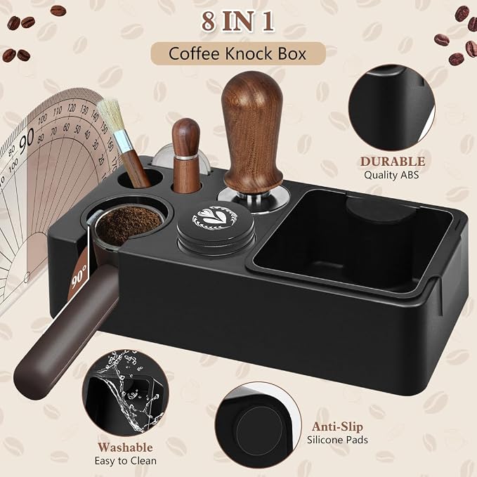 Y-Step Espresso Knock Box, 8 in 1 Espresso Tamping Station ABS Coffee Tamper Station Base Espresso Accessories Organizer Box for Storage 51-58MM Espresso Tamper, Distributor, Portafilter & Puck Screen