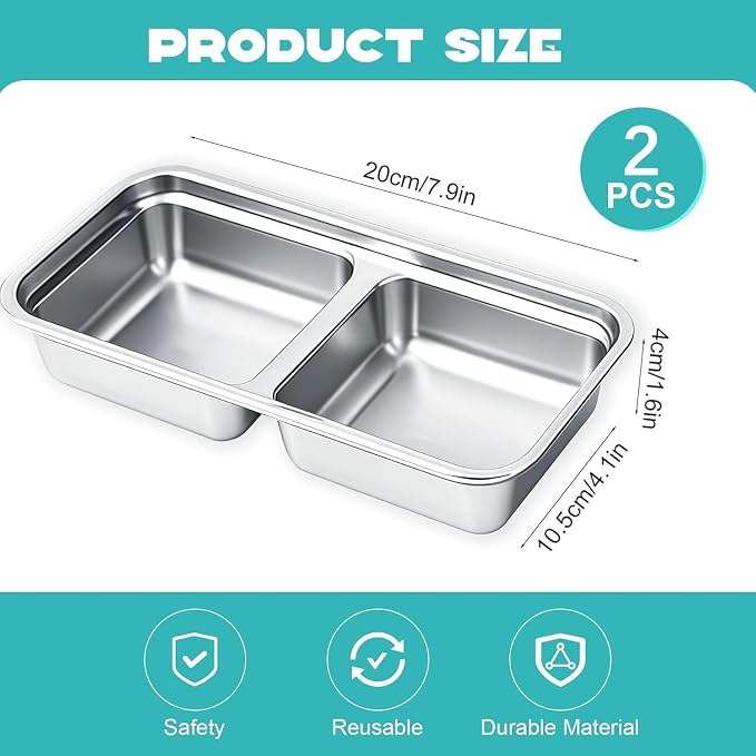 2Pcs 304 Stainless Steel Bento Boxes, 2 Compartments Portable Food Storage Containers Snack Boxes with Lids, Divided Meal Prep Lunch Box Food Container Dishwasher Safe