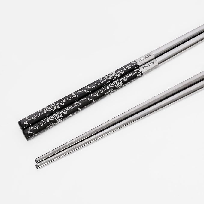 Rbenxia Metal Steel Chopstick Stainless Steel Spiral Chopsticks 9.25 Inches Long Lightweight Chopstick Set Reusable Classic Style for Kitchen Dinner 2 Pairs Black Silver