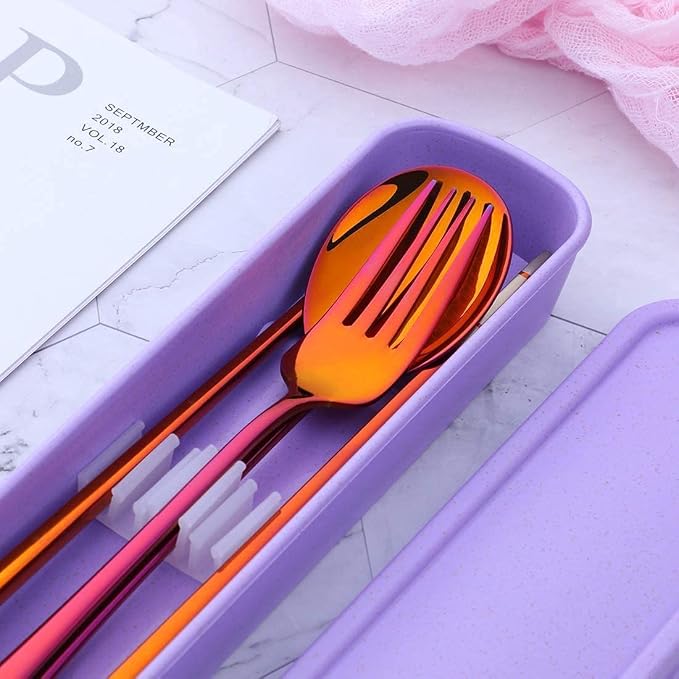 3 PCS Outdoor Flatware Set Fork Spoon Chopsticks/Travel Flatware Set with a Case, Red