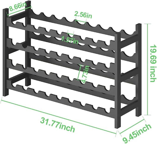 Bamboo Large Wine Rack, 4-Tier Freestanding Floor Bottle Storage Holder | 36-Bottle Storage | Wooden Wine Storage Organizer Shelves for Kitchen Bar, Cellar, & Dining Room | Black | Anti-Tip Kit