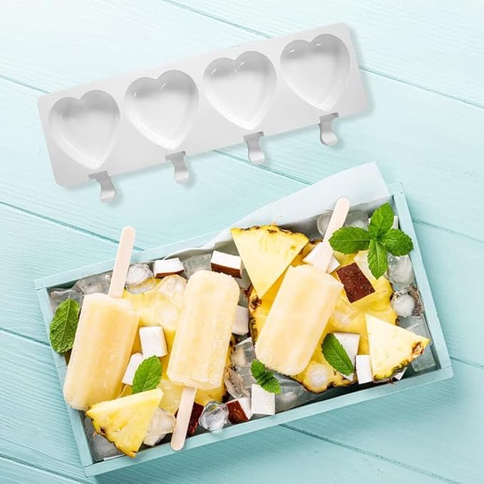 1 Pack Cute Heart Shape Popsicle Molds Silicone Ice Pop Molds 4 Cavities Popsicle Molds for Kids Adults Ice Cream Mold Cakesicles Mould DIY Popsicle Maker Homemade Popsicle Silicone Molds D