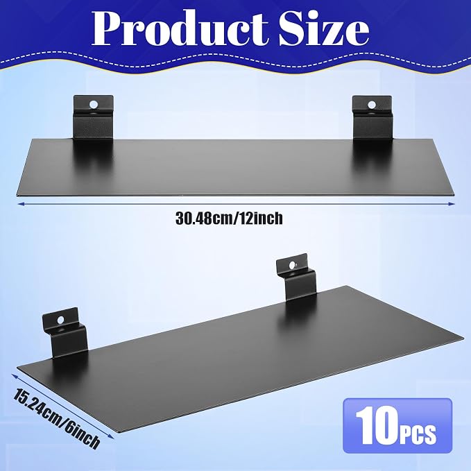 LEIFIDE 10 Pcs Metal Slatwall Shelves, 12 x 6 Inch Hanging Flat Slat Wall Shelf Accessories for Slatgrid Panel, Heavy Duty Slatwall Organizer for Retail Display Vendor Shoes Shop Garage Supplies